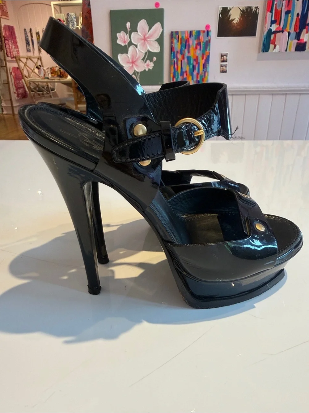 YASL Saint Laurent Black Patent Leather Stud Platform Sandals Gold Accents sz 36